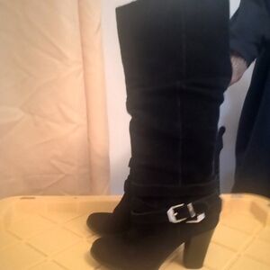 INC International Concepts Jordana Black Suede Tall Block Heel Boots Size 6